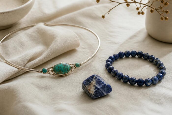 Choker de argint cu turcoaz natural, brățară din lapis lazuli fațetat și o bucată de sodalit, pe in crem