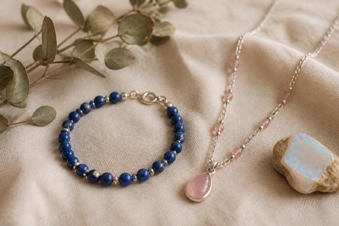 Brățară din lapis lazuli și colier cu cuarț roz și argint, lângă o bucată de opal, pe in crem