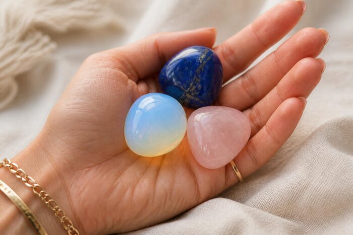 Trei pietre — lapis lazuli albastru, opal iridescent și cuarț roz — ținute în palmă